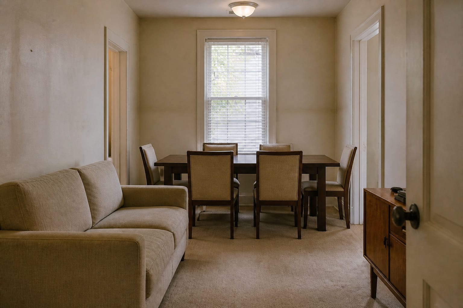 Small living/dining room with an oversized rectangular dark-wood dining table and four bulky upholstered chairs crowding the entry path, lit by a cold ceiling-box light.