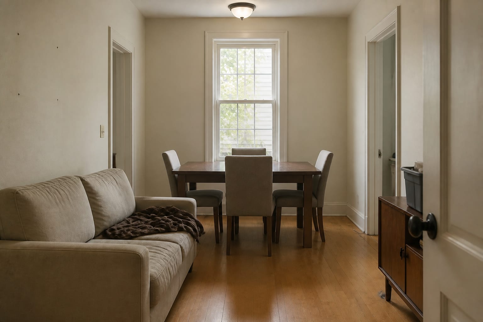 Small living/dining room with an oversized rectangular dark-wood dining table and four bulky upholstered chairs crowding the entry path, lit by a cold ceiling-box light.