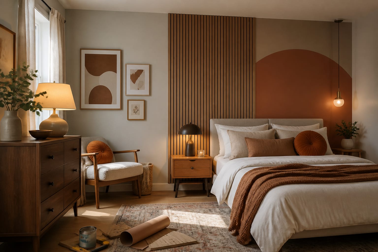 DIY Accent Wall Ideas: Peel-and-Stick, Paint Shapes, and Fabric Panels, shown as warm editorial Re-Design photography of a renter-friendly accent wall with peel-and-stick panels, warm paint, removable art, and simple tools nearby at believable residential scale, no overlaid text, no watermark