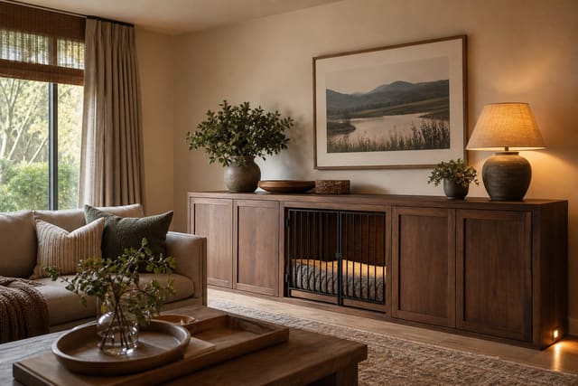 built-in style dog crate under a warm wood console in a living room with linen sofa, closed storage, and soft lamplight