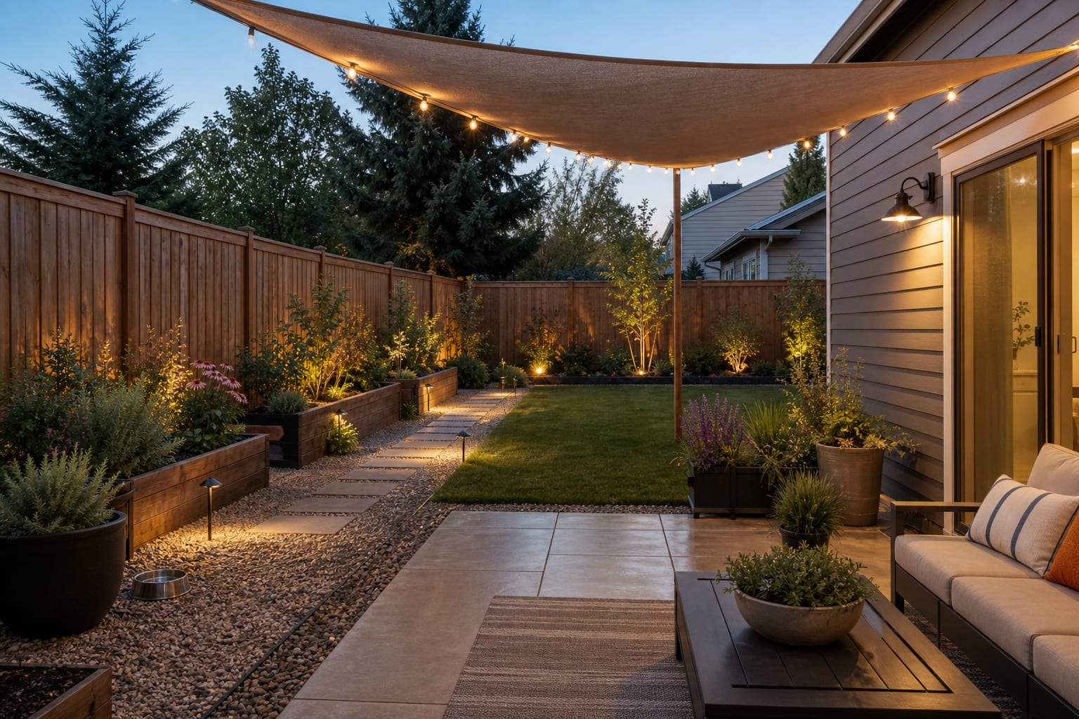 same backyard angle with gravel dog run, raised planters, shade sail, washable patio landing, and a neat lawn for people and pets.
