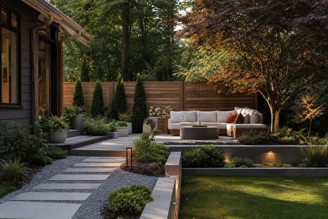 Dog-Friendly Backyard Ideas: Design That Works for Pets and People shown as a photorealistic outdoor redesign with layered materials, planting, lighting, and clear circulation