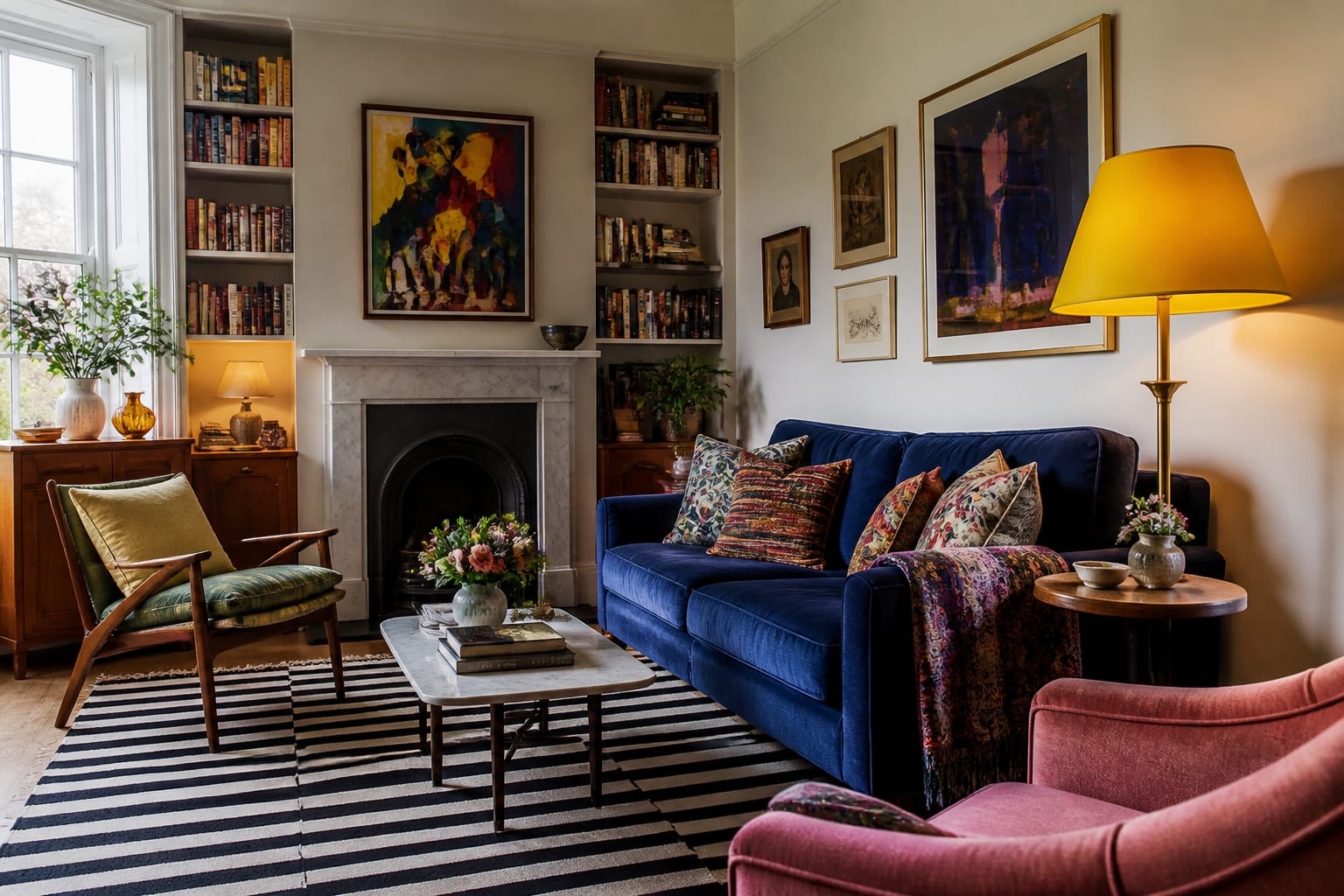 colorful living room with cobalt sofa, striped rug, yellow lamp, and personal art in a joyful layered home