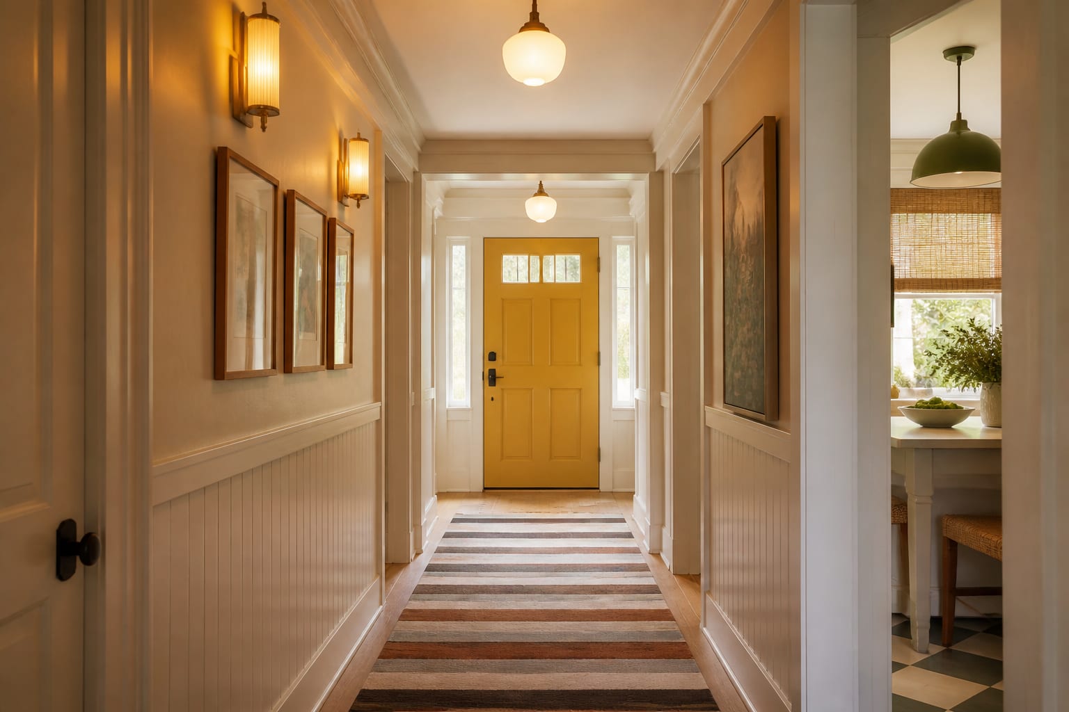 yellow hallway door with striped runner, framed art, and warm wall sconces in a playful whole home palette