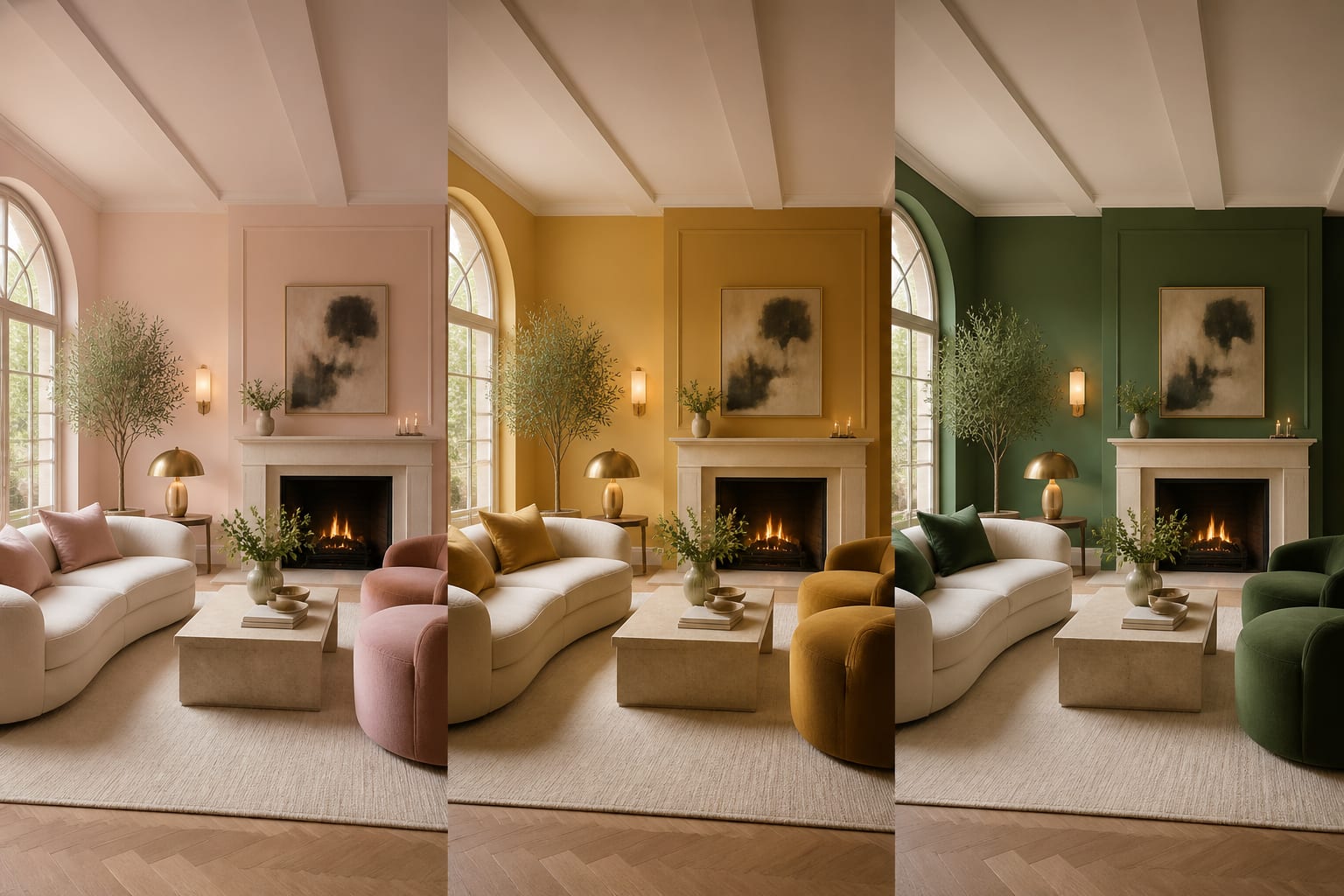 AI preview grid showing three dopamine decor palettes applied to the same living room with consistent furniture scale