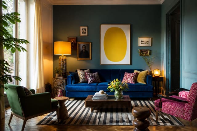 colorful living room with cobalt sofa, striped rug, yellow lamp, and personal art in a joyful layered home