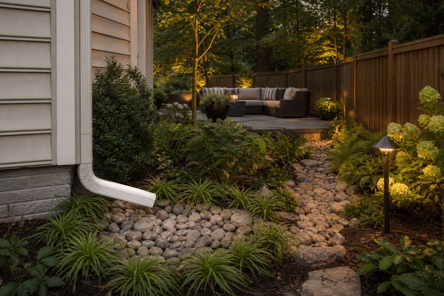 Same downspout redesigned with river stone, a shallow basin, sedges, and a clear overflow path through the planting bed