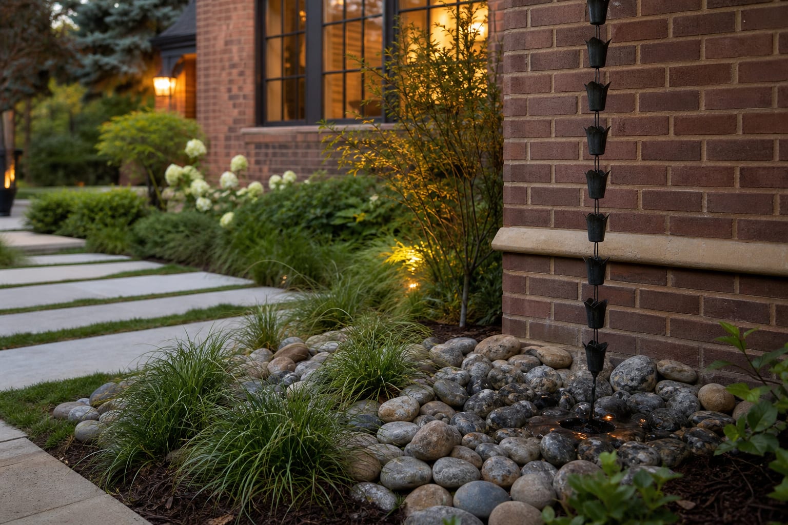 front garden downspout landing zone with river stone, sedges, and a dark rain chain beside a brick house