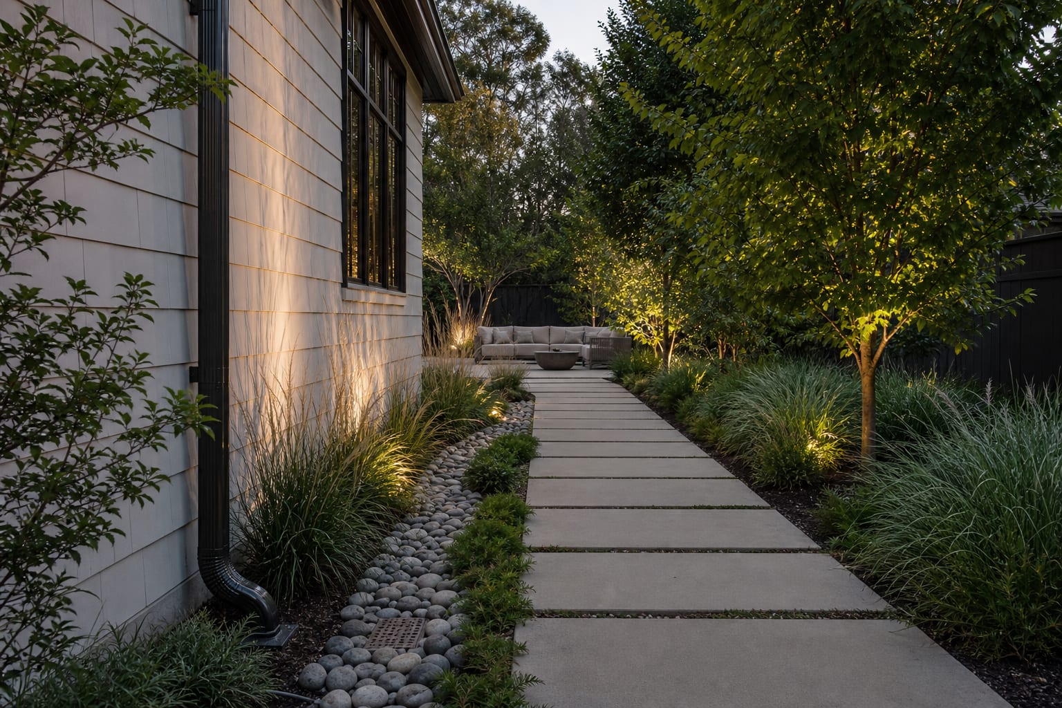 side yard downspout with a shallow stone channel curving through grasses and clear walking space along the path