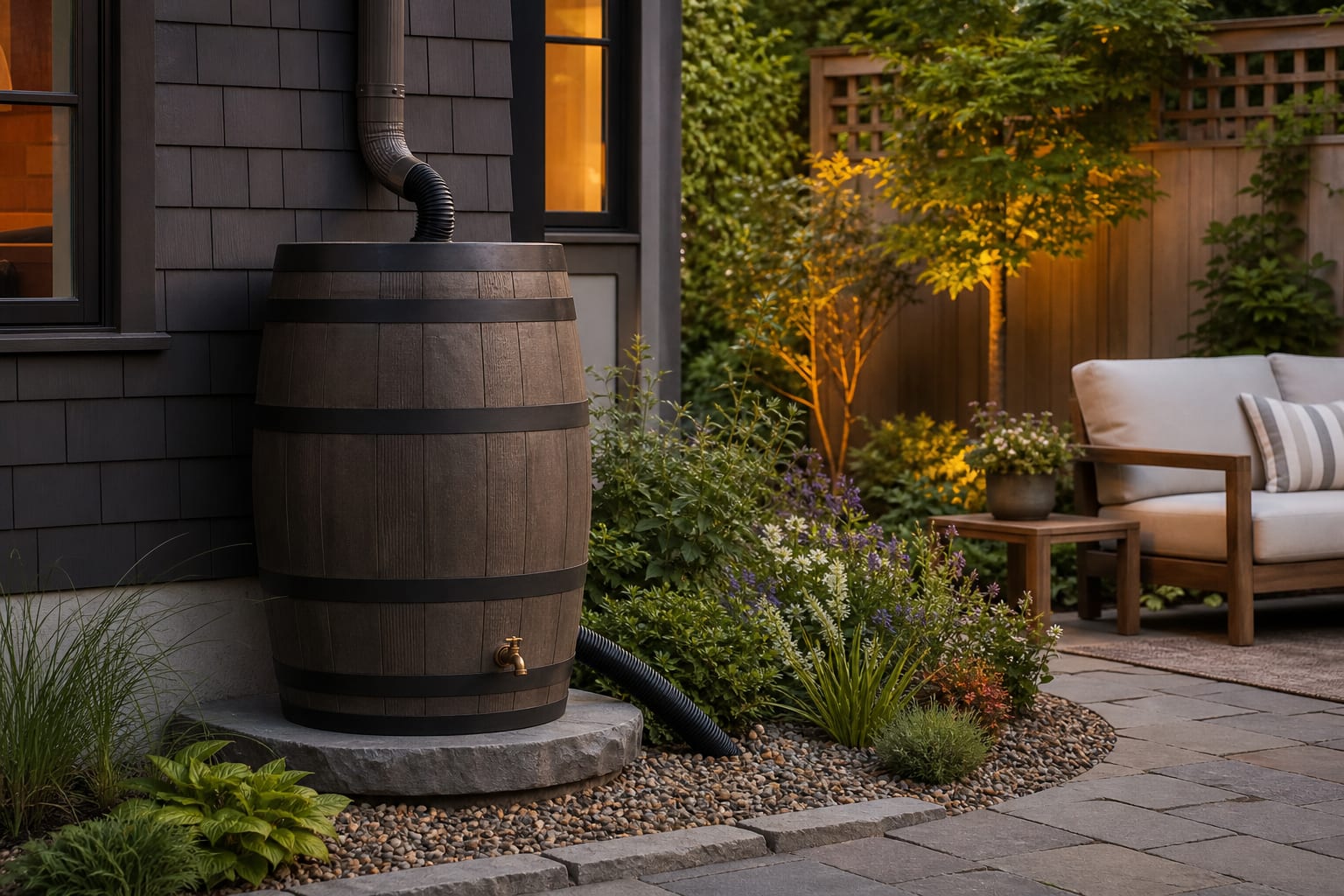 rain barrel set on a level stone pad with overflow hose leading into a planted gravel bed beside a downspout