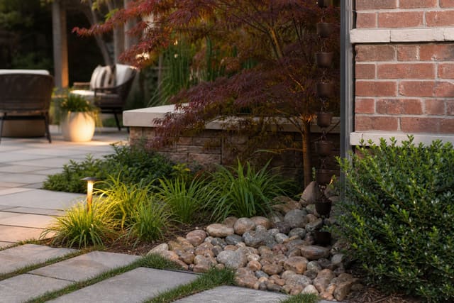 front garden downspout landing zone with river stone, sedges, and a dark rain chain beside a brick house