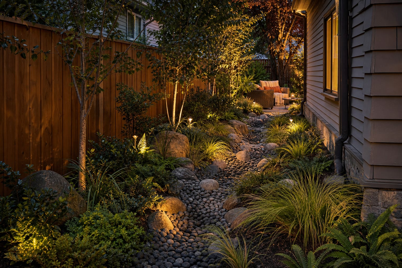 same side yard redesigned with a shallow planted drainage swale, river stone center, and low grasses along the banks