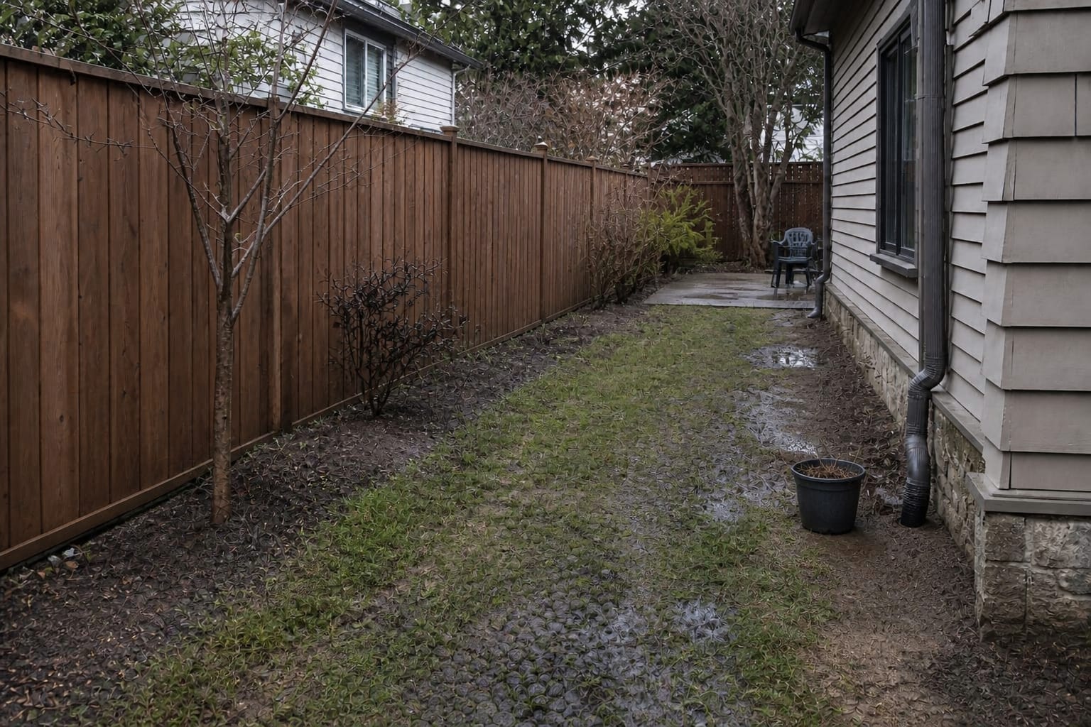 wet side yard with patchy grass, exposed soil, and runoff collecting beside the house after rain