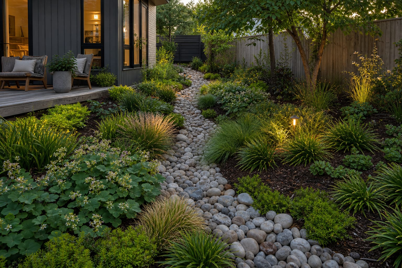 curving planted drainage swale with river stone, grasses, and low ground cover guiding water away from a house