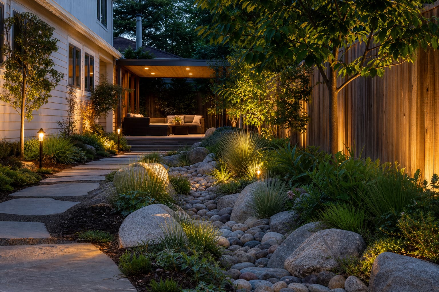 dry creek style drainage swale with embedded boulders, sedges, and low planting beside a backyard path