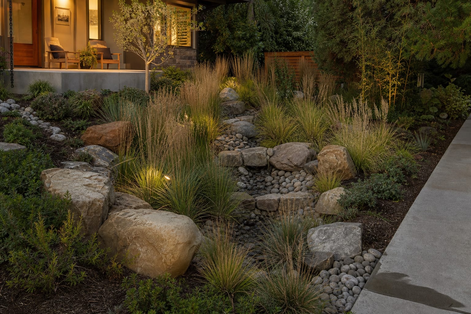front yard bioswale with layered grasses, stone check dams, and a clear outlet away from the walkway