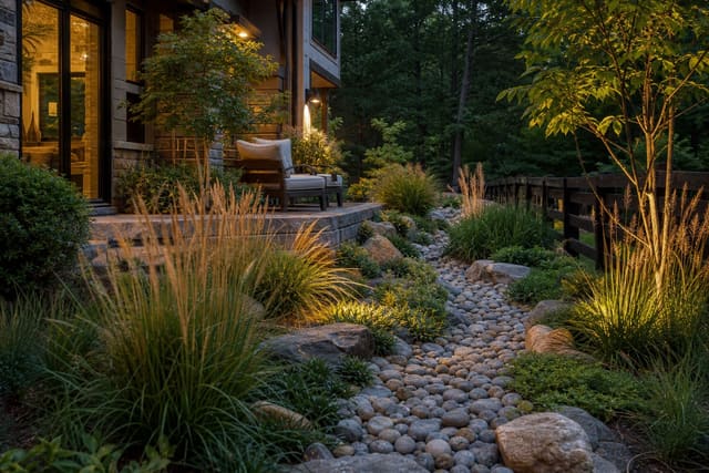 curving planted drainage swale with river stone, grasses, and low ground cover guiding water away from a house