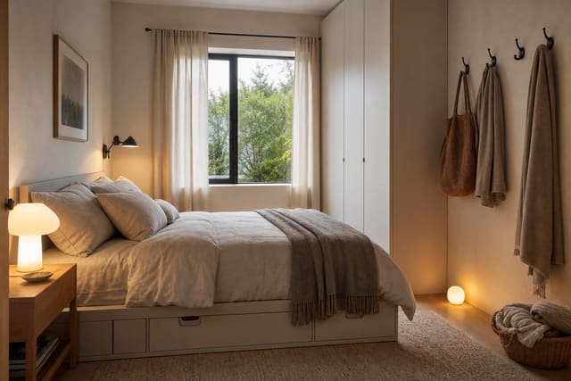 small bedroom with a low storage bed, wall hooks, slim wardrobe, and calm folded textiles in warm neutral tones