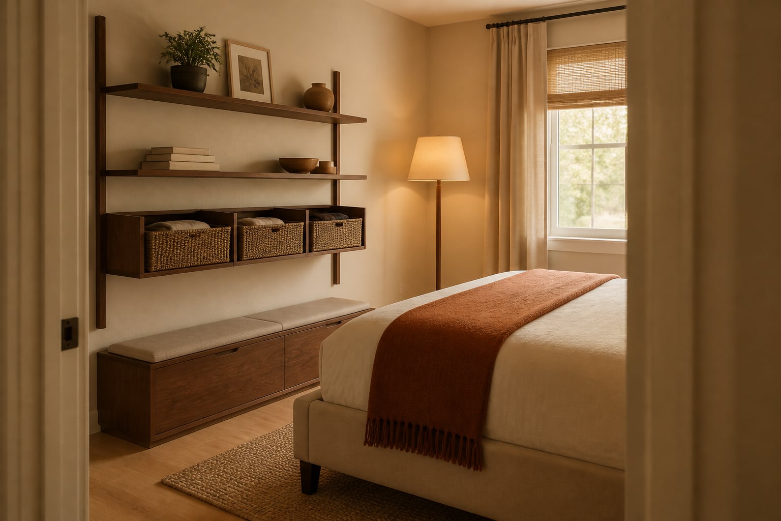 Same small bedroom with a slim 12-inch-deep walnut wall-mounted shelving system with woven storage baskets and a low closed-storage bench replacing the dresser.