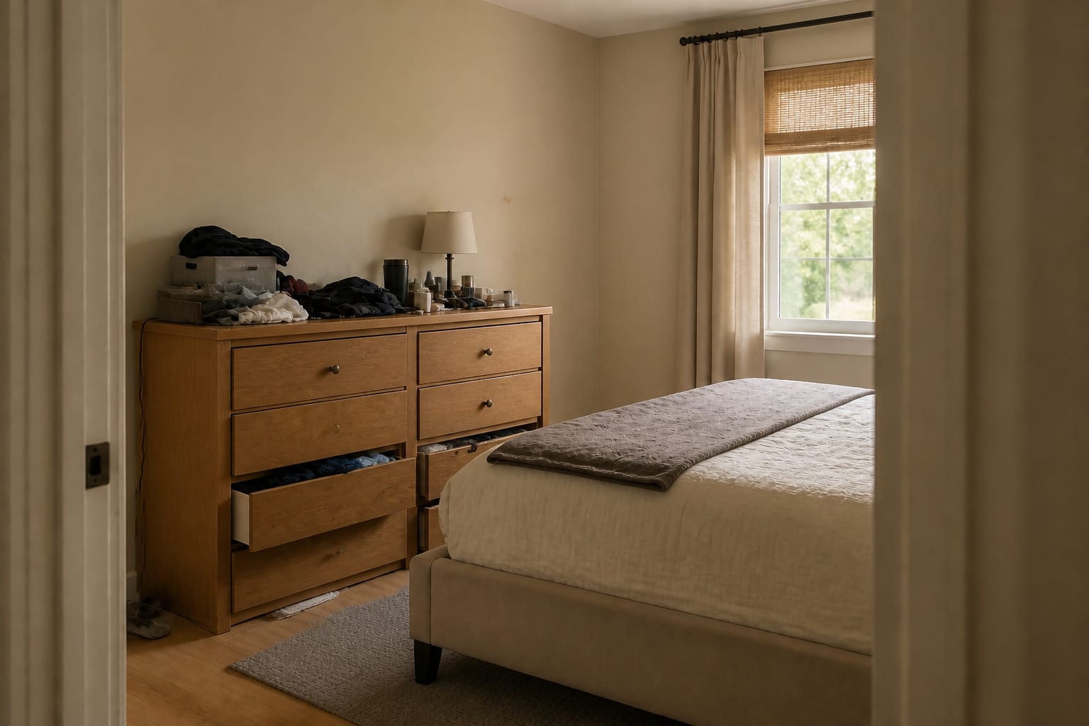 Small bedroom with a bulky 60-inch oak six-drawer dresser shoved against the side wall crowding the bed, drawers half-open with clothes spilling, top piled with junk.