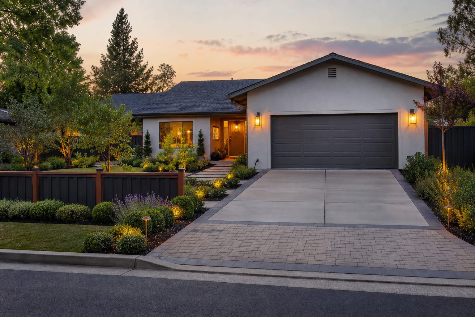 same front yard angle with a paver driveway apron, planted borders, defined walkway, warm lanterns, and a cleaner curb view.