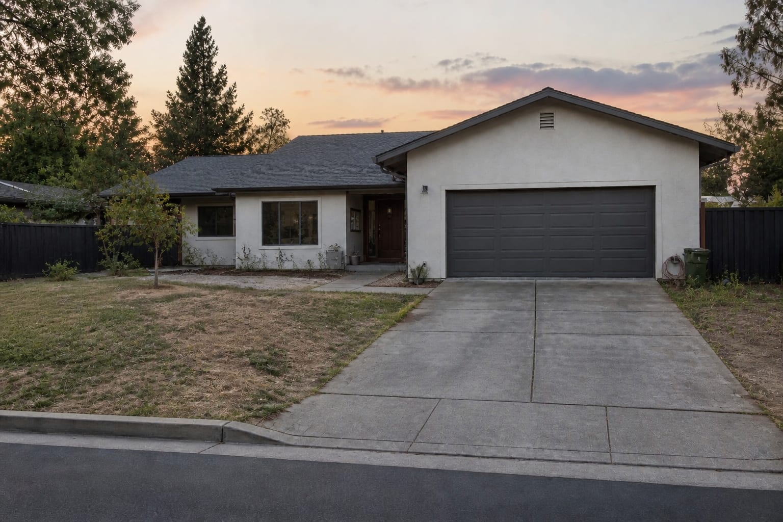 plain concrete driveway in a front yard with bare edges, patchy lawn, no entry path, and a garage-dominated street view.