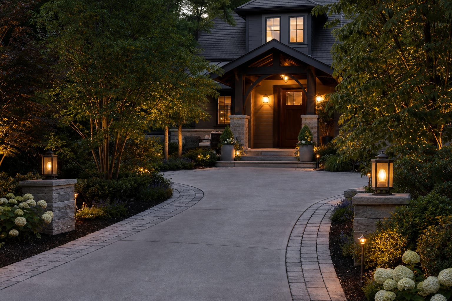 front yard driveway with paver border, planted edges, warm lantern lighting, and a clean path to a welcoming entry