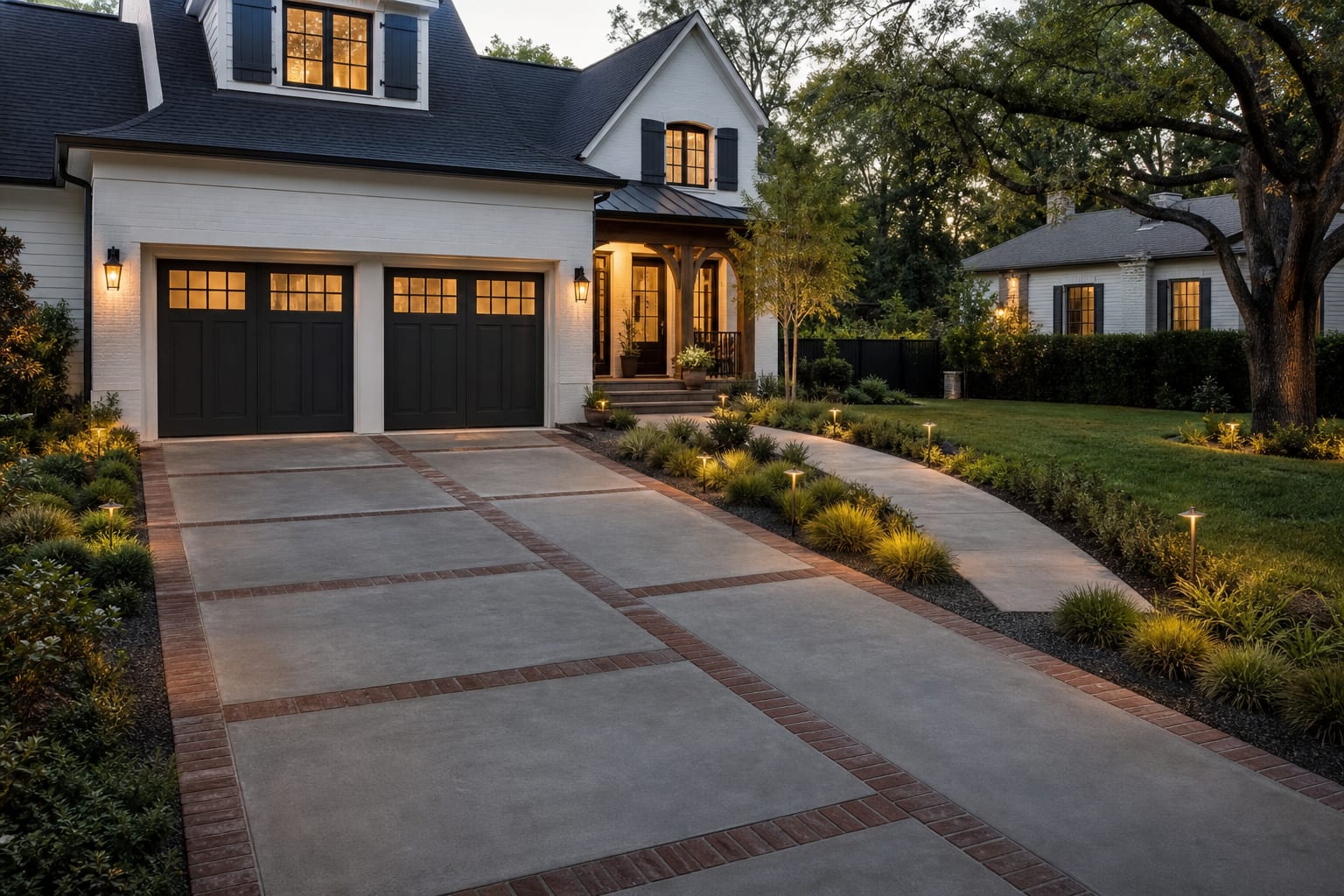 decorative driveway with concrete field panels, brick border, clipped grasses, and a separate walkway leading to the porch