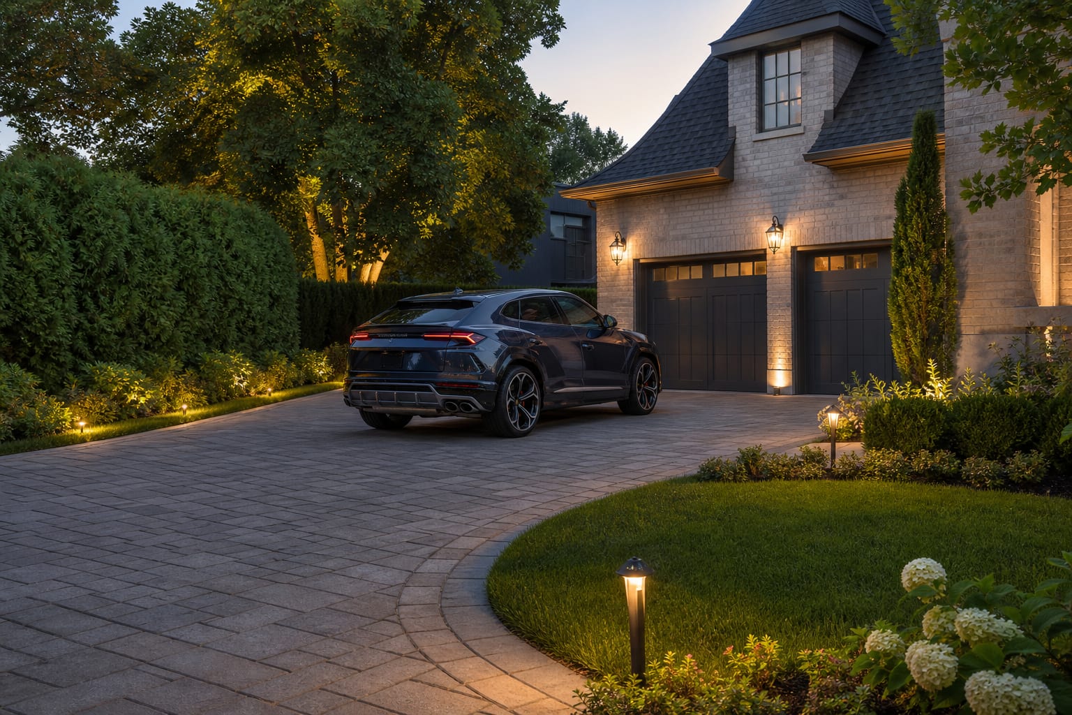 front yard driveway at dusk with warm sconces, low path lighting, neat paver apron, and border plants kept clear of car doors