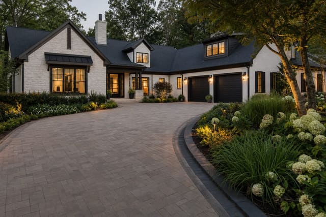 Driveway Design Ideas: Pavers, Patterns, and Curb Appeal from the Street shown as a photorealistic outdoor redesign with layered materials, planting, lighting, and clear circulation