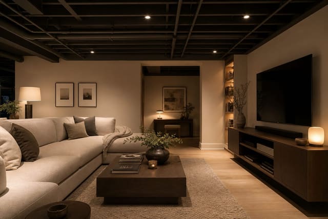 finished basement with painted exposed ceiling, warm recessed lighting, pale sectional, and a low-profile entertainment zone