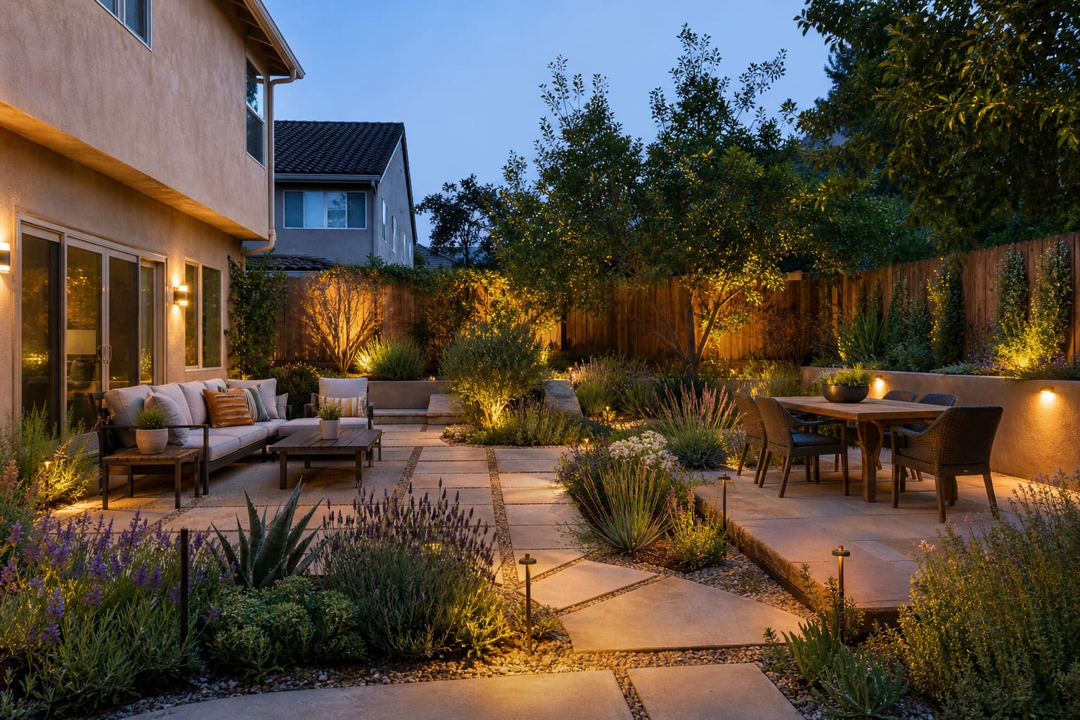 Same front yard redesigned with decomposed granite paths, mulched planting beds, lavender, grasses, native shrubs, and a small shaded bench.