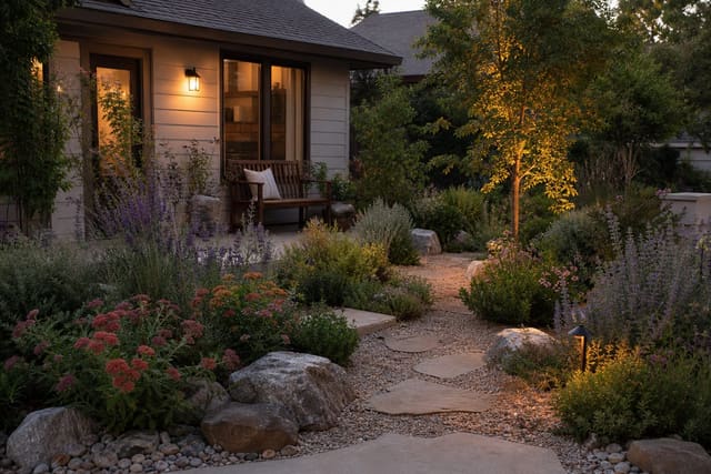 front yard water-wise garden with gravel paths, flowering perennials, native shrubs, and a shaded bench near the house