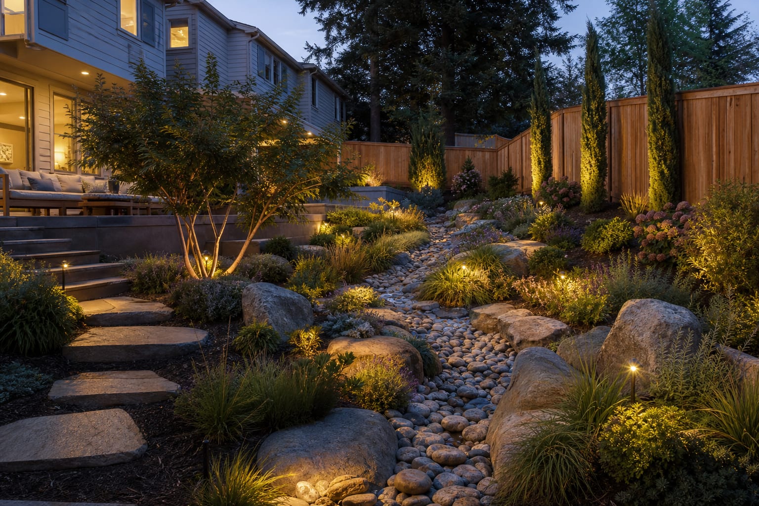 same backyard angle with a curving dry creek bed, mixed river rock, boulders, ornamental grasses, and a planted outlet