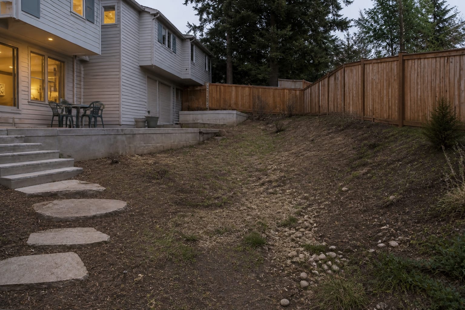 sloped backyard planting bed with exposed soil, runoff stains, scattered small rocks, and no defined drainage path