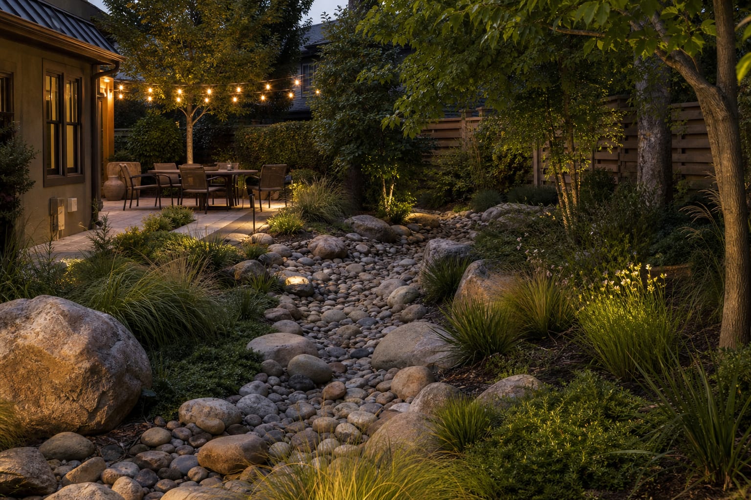 curving dry creek bed with mixed river rock, boulders, grasses, and low shrubs guiding runoff through a backyard garden