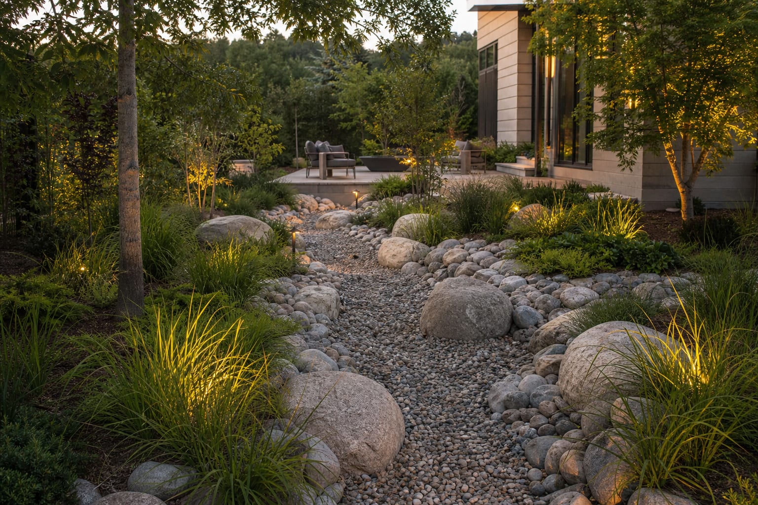 dry creek bed detail with buried boulders, layered cobbles, sedges, and a gravel center channel between planting beds