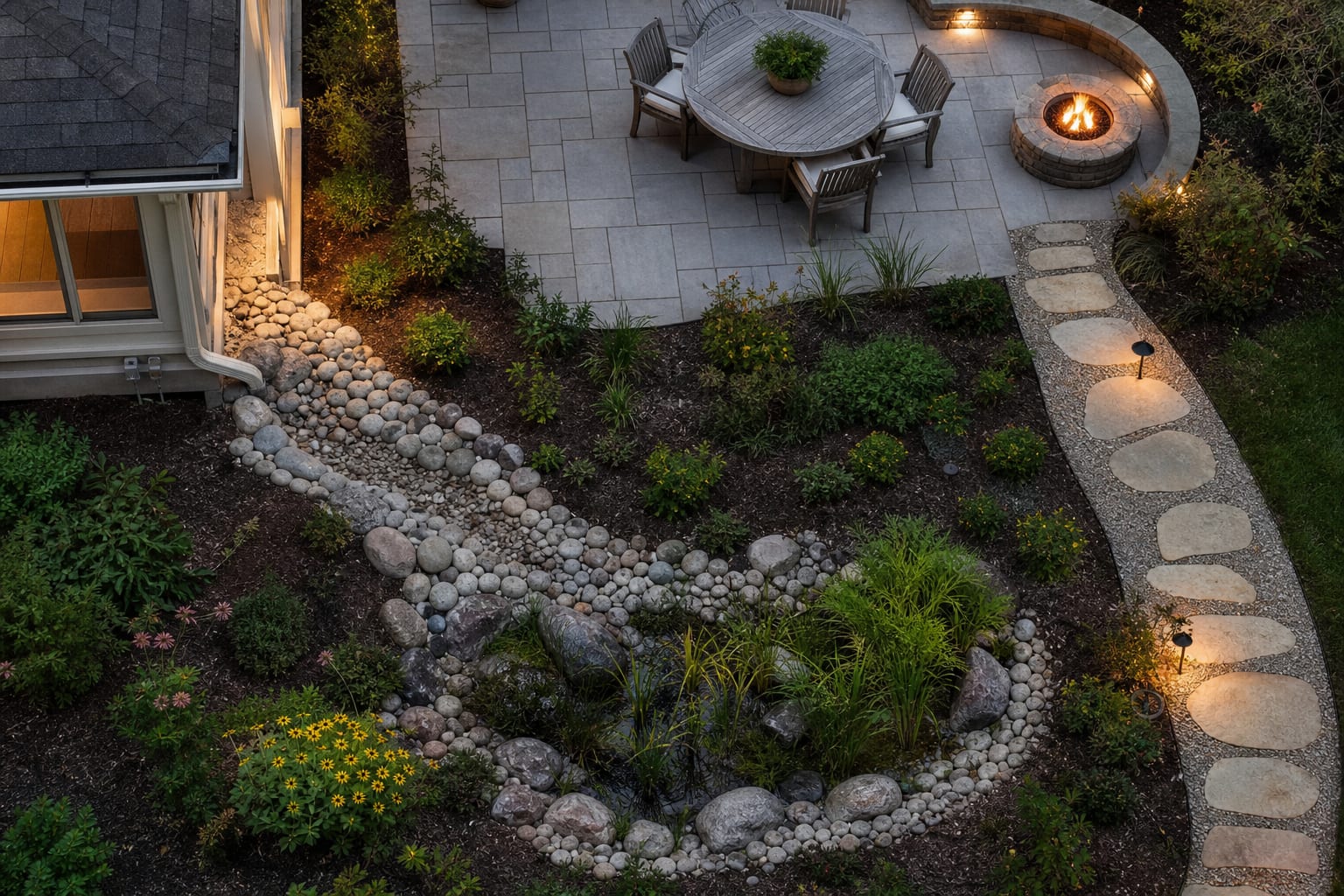 overhead garden plan preview showing a dry creek bed route from downspout to planted rain garden with patio and path nearby