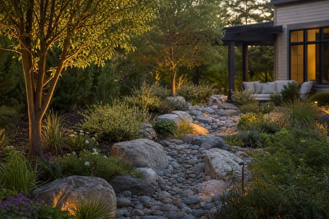 curving dry creek bed with mixed river rock, boulders, grasses, and low shrubs guiding runoff through a backyard garden