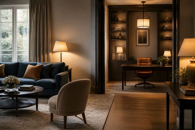 Editorial interior photograph showing dual-purpose room ideas: one space, two functions in a real whole home, with warm residential materials, layered lighting, functional furniture placement, and a magazine-quality composition.