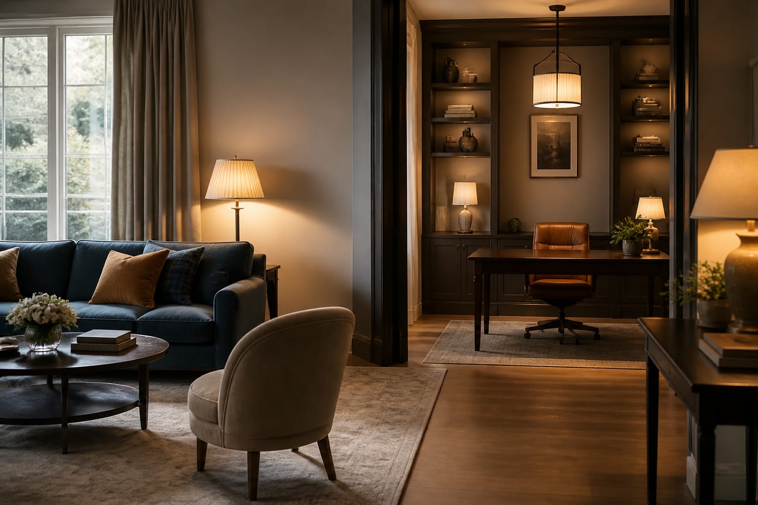 Editorial interior photograph showing dual-purpose room ideas: one space, two functions in a real whole home, with warm residential materials, layered lighting, functional furniture placement, and a magazine-quality composition.