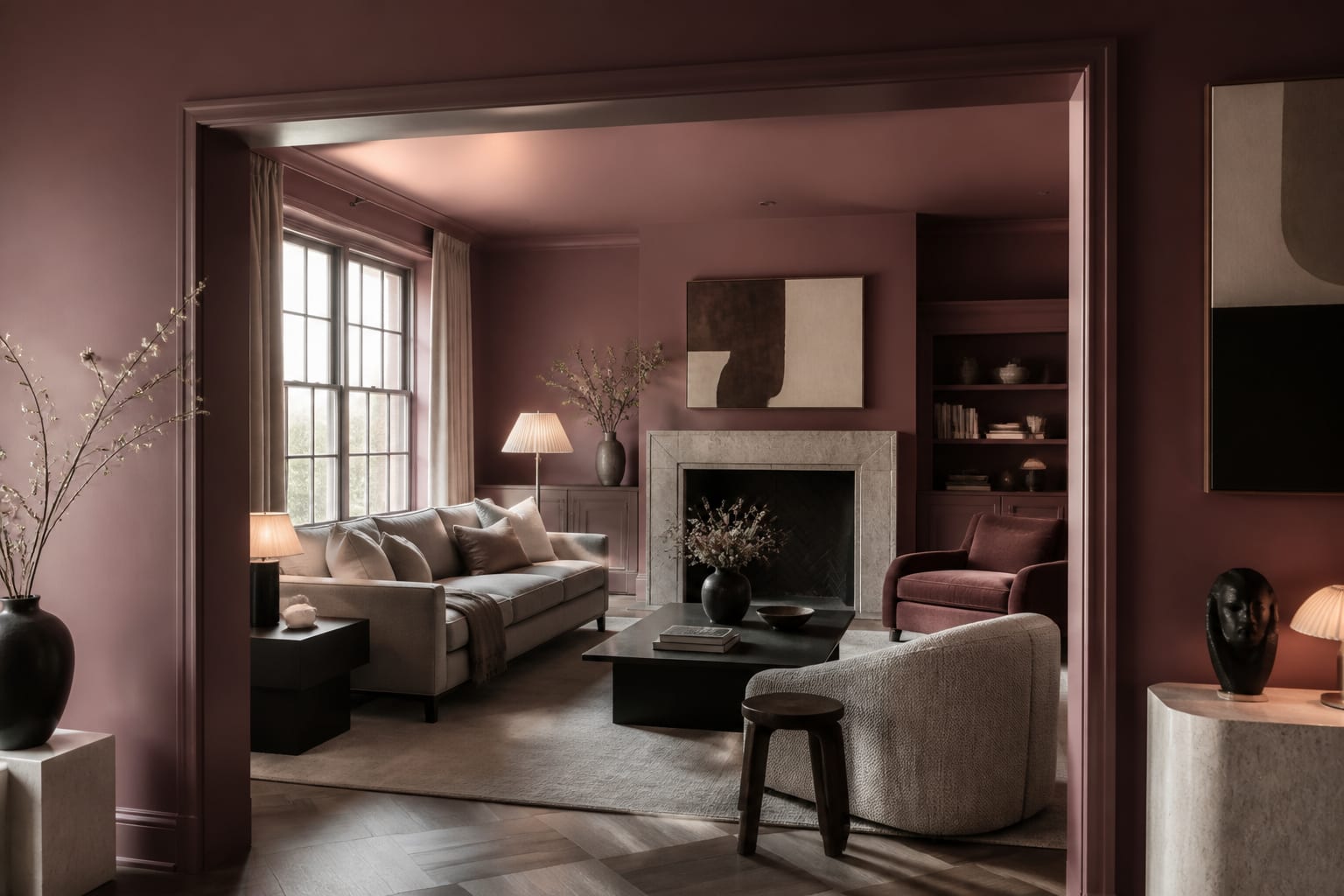 Editorial interior photograph showing dusty rose interior design ideas that feel sophisticated, not sweet in a real whole home, with color theory materials, layered warm lighting, styled furniture, and a magazine-quality residential composition.