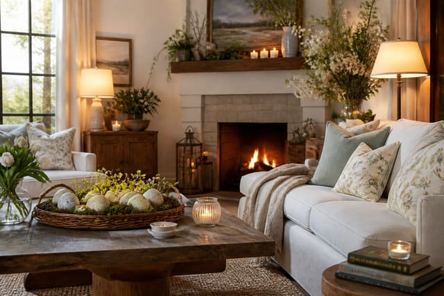 Easter Home Decor: Fresh, Botanical Spring Styling for Adults, shown as warm editorial Re-Design photography with believable residential scale, no overlaid text, no watermark