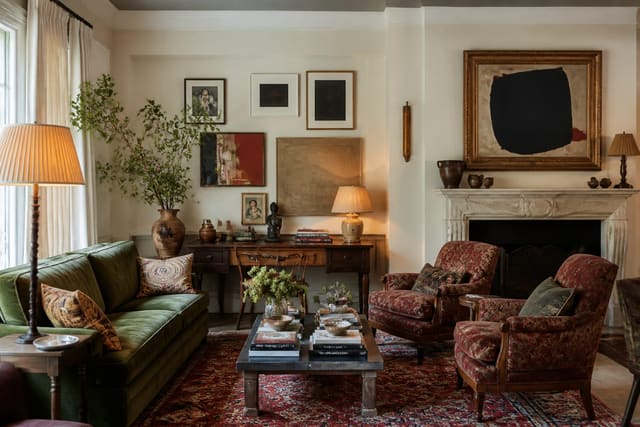 Editorial interior photograph showing an eclectic room with collected art, patterned textiles, vintage furniture, and a disciplined color thread.