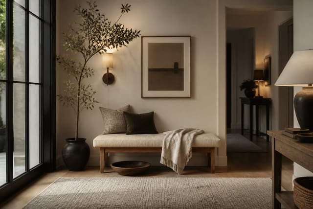 Entryway Bench Ideas in a entryway, shown as a warm editorial Re-Design concept