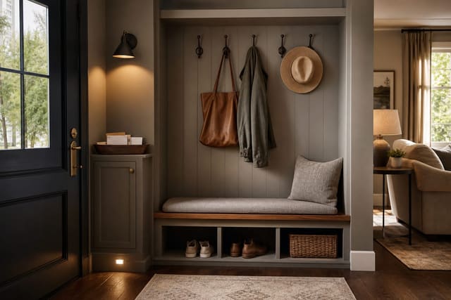 compact entryway drop zone with hooks, narrow bench, shoe cubbies, and a small mail tray beside the front door