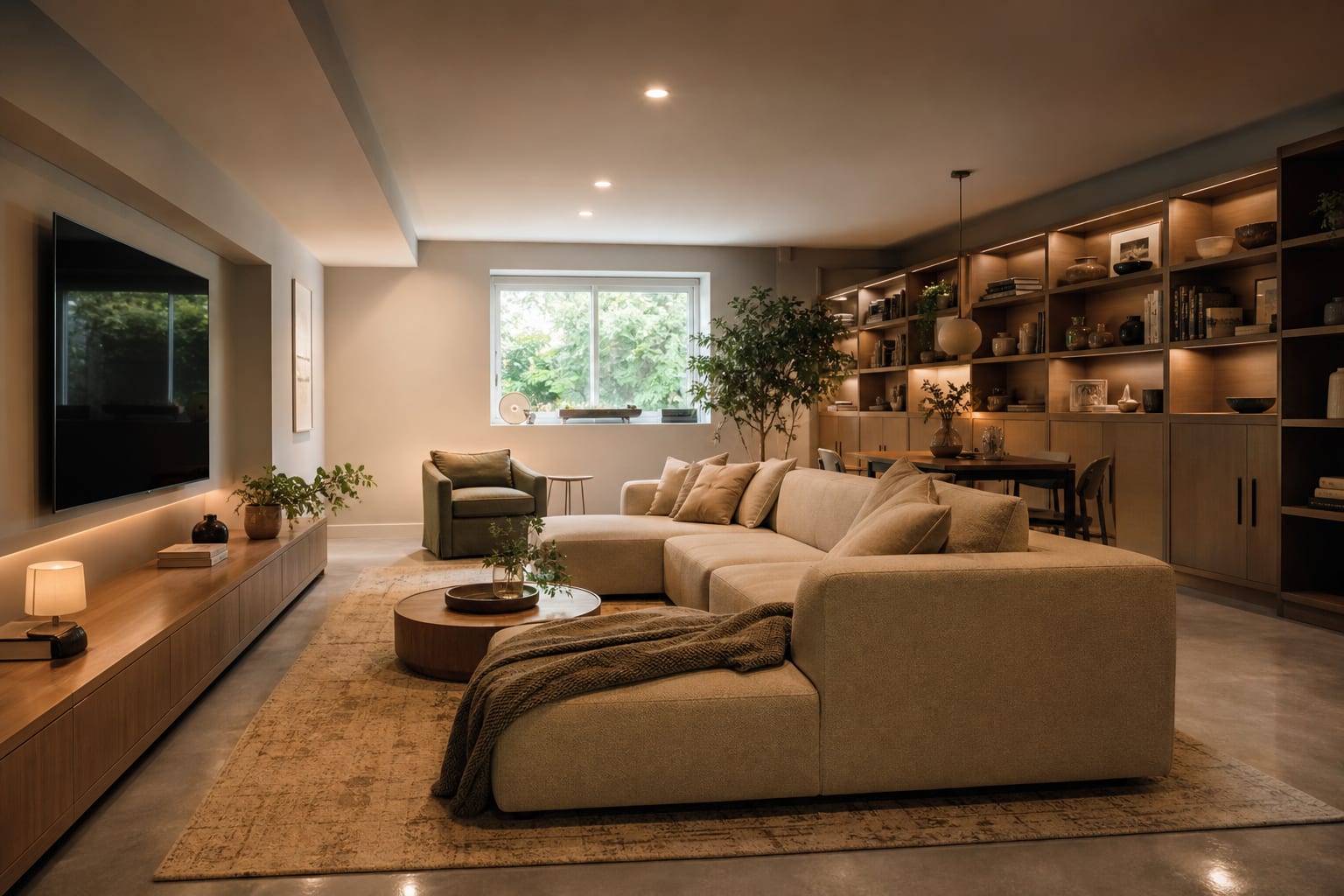 finished basement with satin epoxy floor, soft seating, warm ceiling lights, and storage kept off the foundation walls