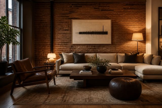 Exposed Brick Wall Ideas in a finished home interior, shown as a warm editorial Re-Design concept
