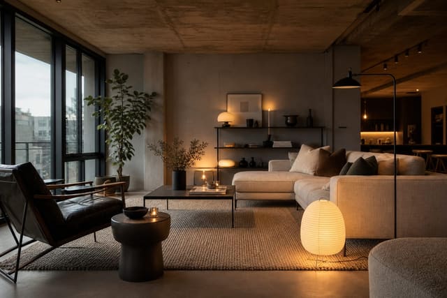 industrial living room with exposed concrete ceiling, warm lamps, wool rug, linen sofa, and black metal accents