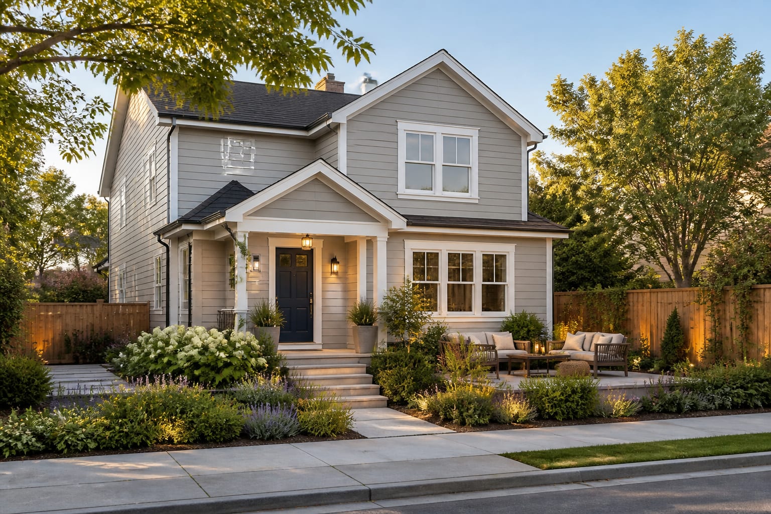 The same two-story house after a fresh exterior repaint with crisp trim and a bold front door